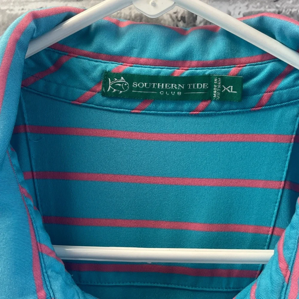 Southern Tide Aqua and Coral Striped Polo - Picture 3 of 7
